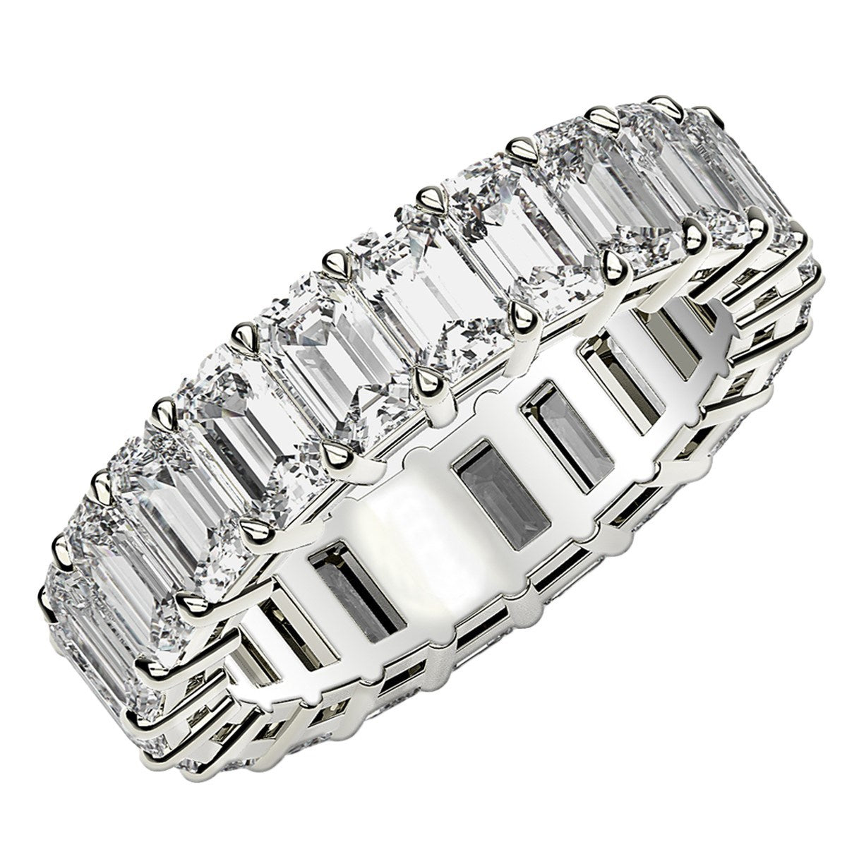Emerald Cut Lab Grown Diamond Eternity Ring in 14k White Gold (5 cttw FG/VS2) in a sleek high-contrast midnight luxury editor